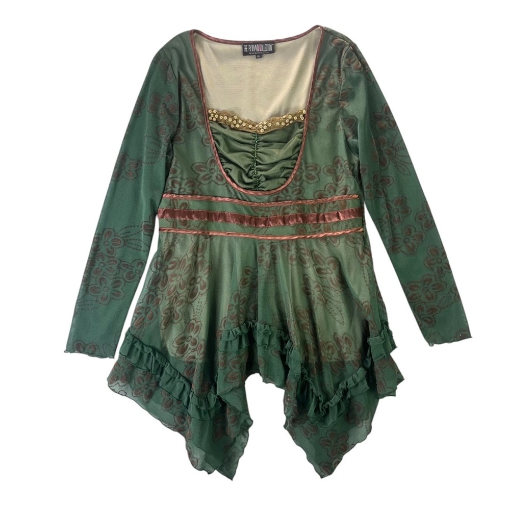 Vintage The Pyramid Collection Green Floral Handkerchief Hem Tunic Forest Fairy